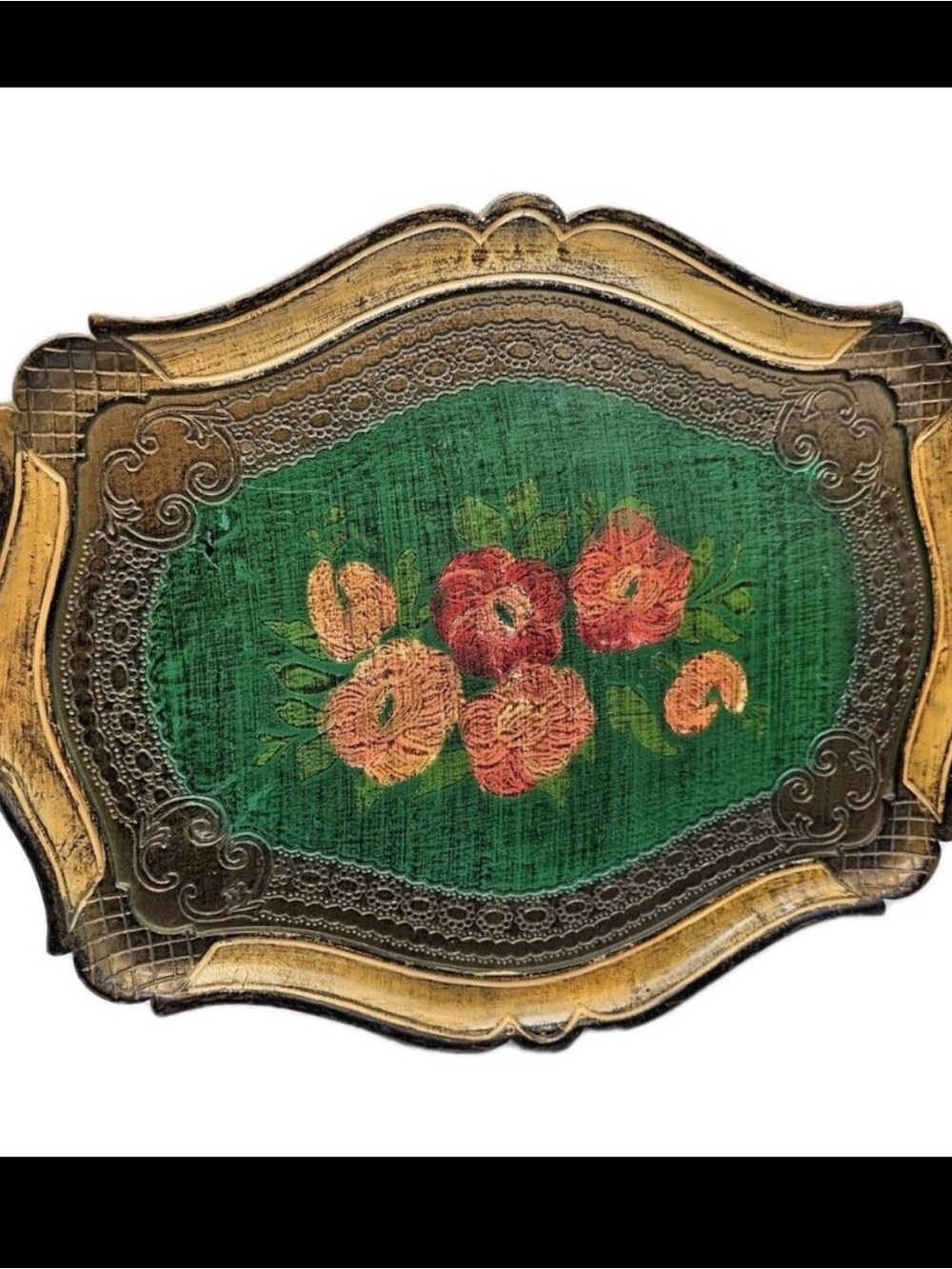 Hand-Painted Floral Decorative Tray in Green and Gold